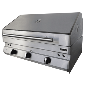 Vista en perspectiva de un Asador de Gas y Carbón (Híbrido) modelo GB-AS-TP-36-HIB con tapa marca Grill Box