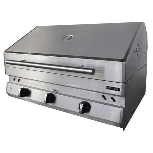 Vista en perspectiva de un Asador de Gas y Carbón (Híbrido) modelo GB-AS-TP-36-HIB con tapa marca Grill Box