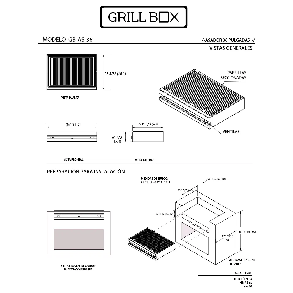 Ficha técnica asador parrilla de carbón 36 pulgadas