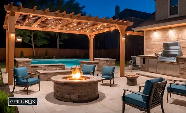 Asador para jardín cerca de piscina