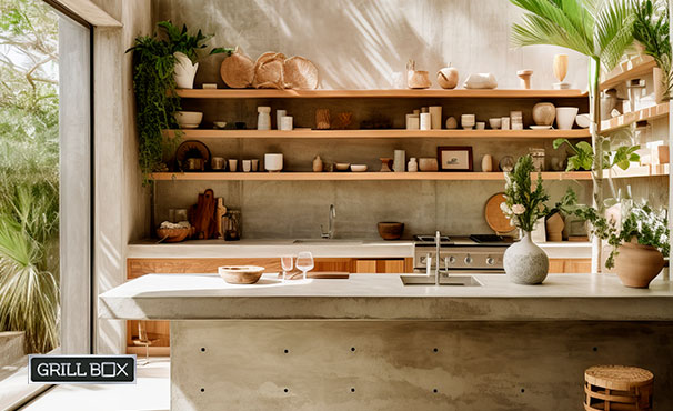 Estante moderno con platos en cocina exterior