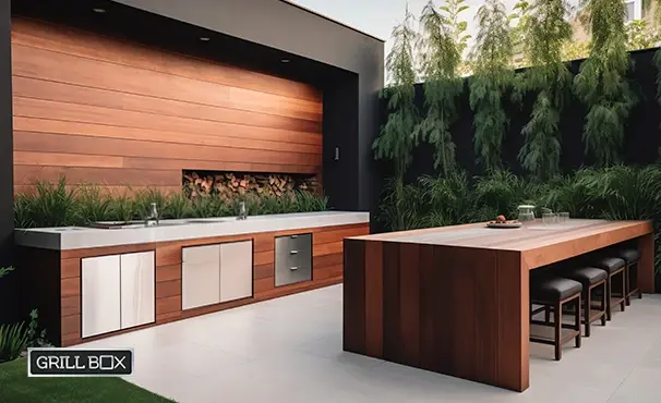 Espacio perfecto y cálidocon madera para asadores de jardín