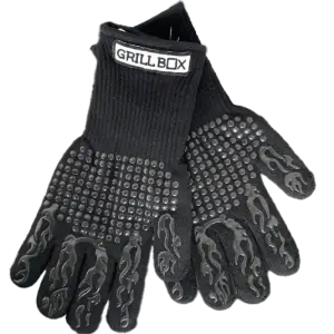 Par de guantes parrilleros Grill Box con diseño de flamas antideslizantes.