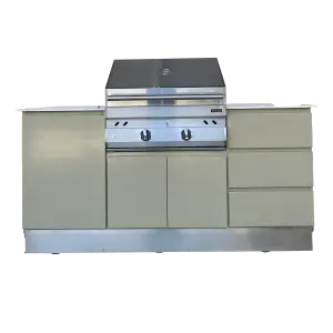 Barra con Asador de Gas y Carbón híbrida con acabado de mármol profesional.