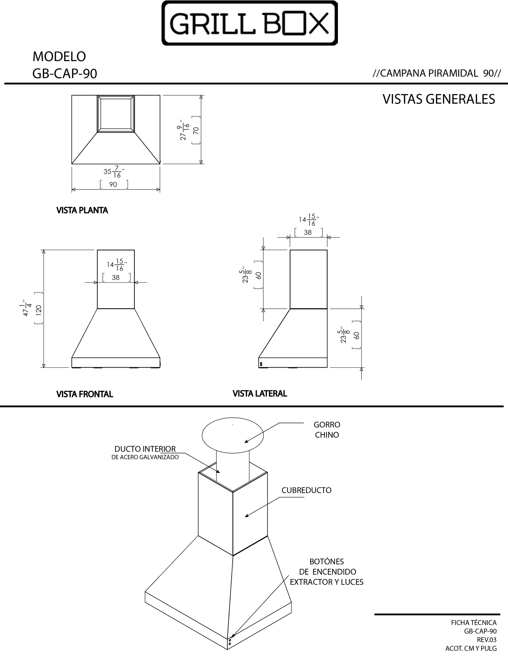 Ficha técnica campana piramidal 90 cm vista general