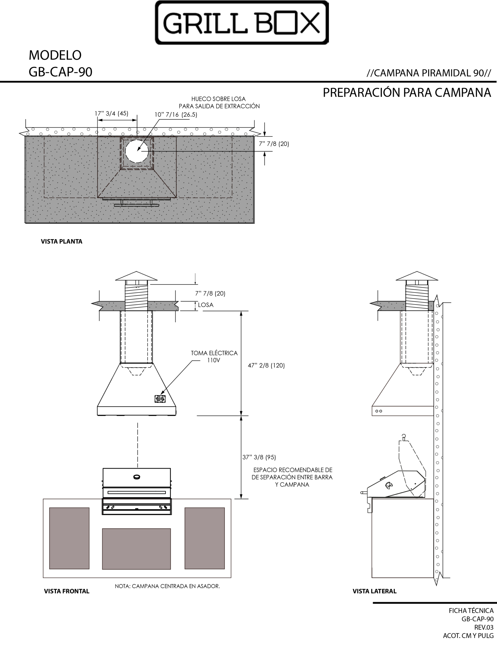 Ficha técnica campana piramidal 90 cm instalación